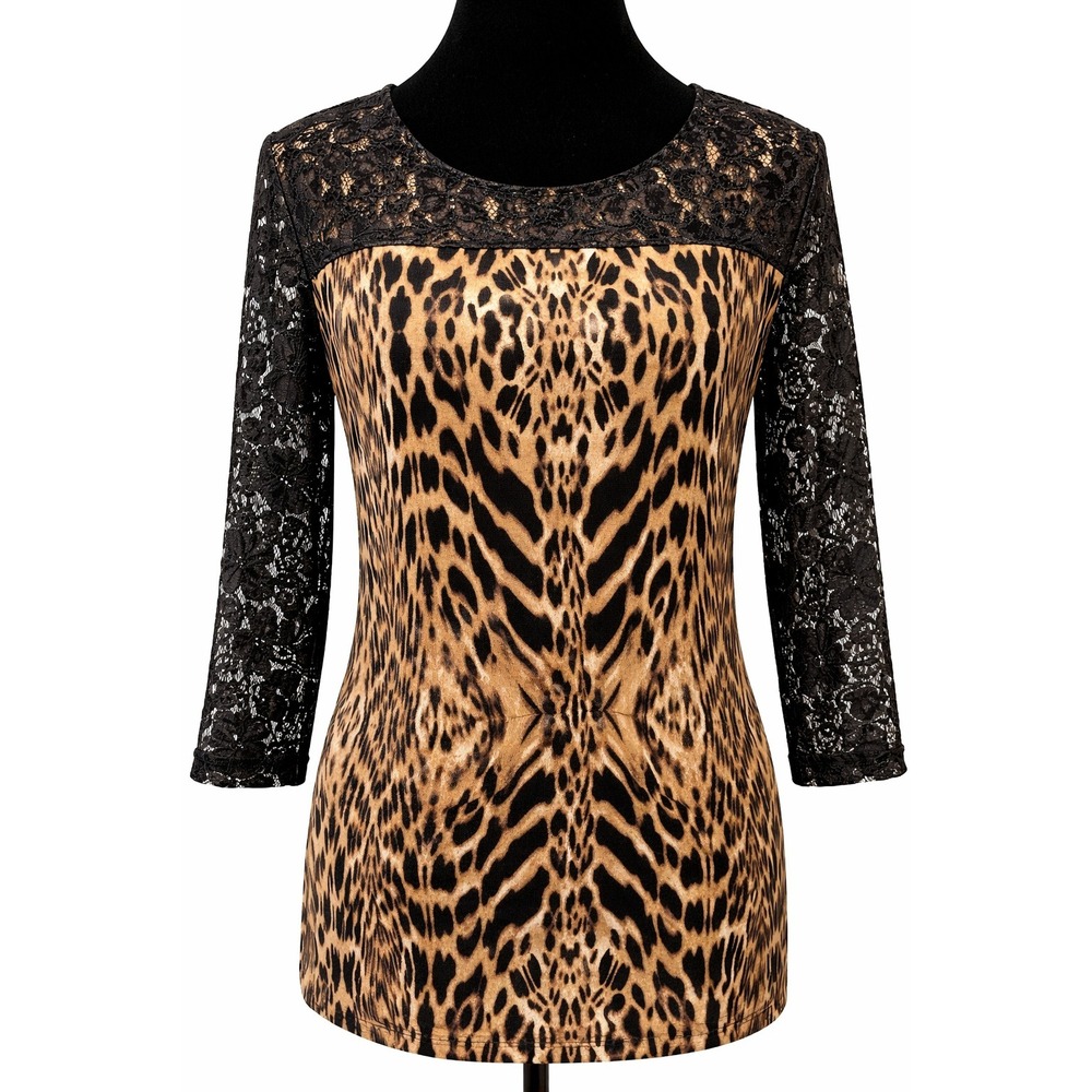 Chico's Womens Pullover 3/4 Open Lace Sleeve T-Shirt Top Size 0 Animal Print